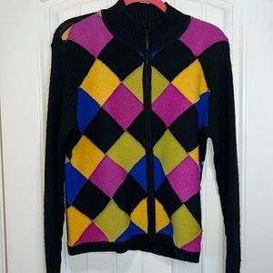 Vintage colorful harlequin style Marisa Christina wool full zip cardigan M